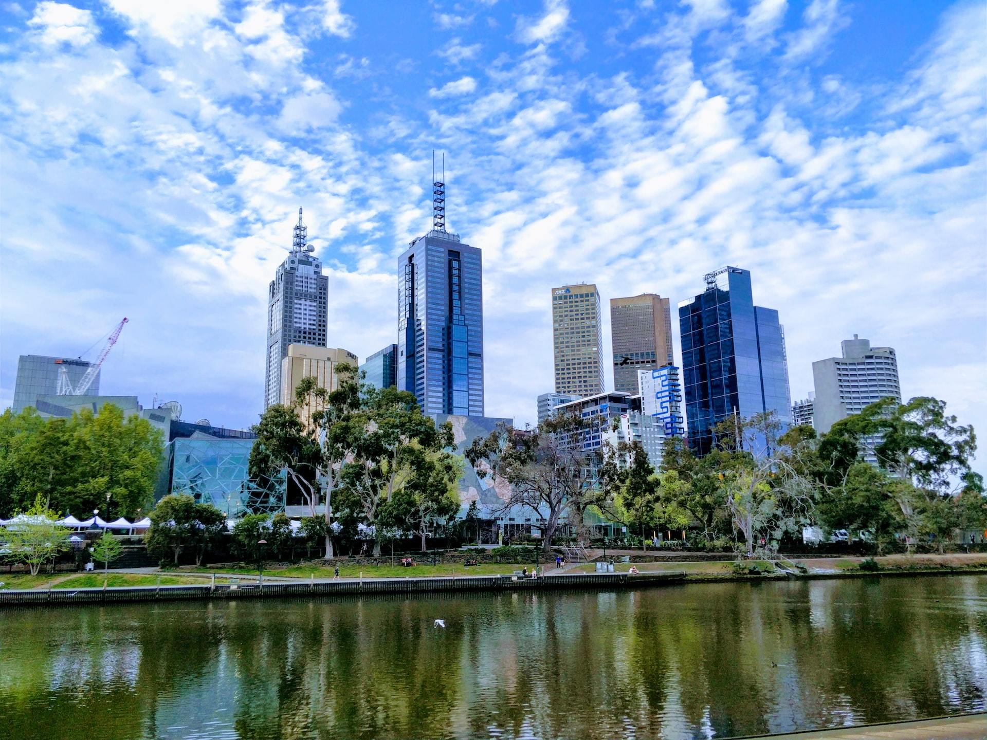 Melbourne's skyline as seen from the banks of the Yarra River.