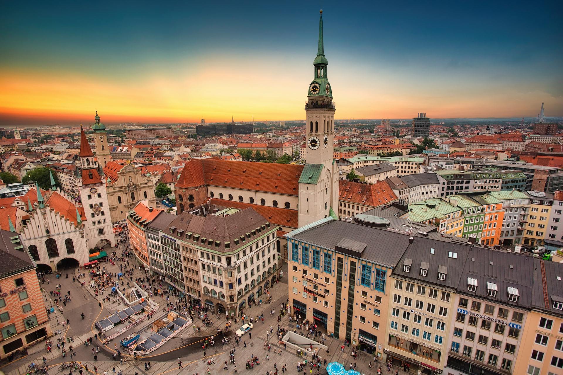 The sun setting on the traditional architecture found in Munich.