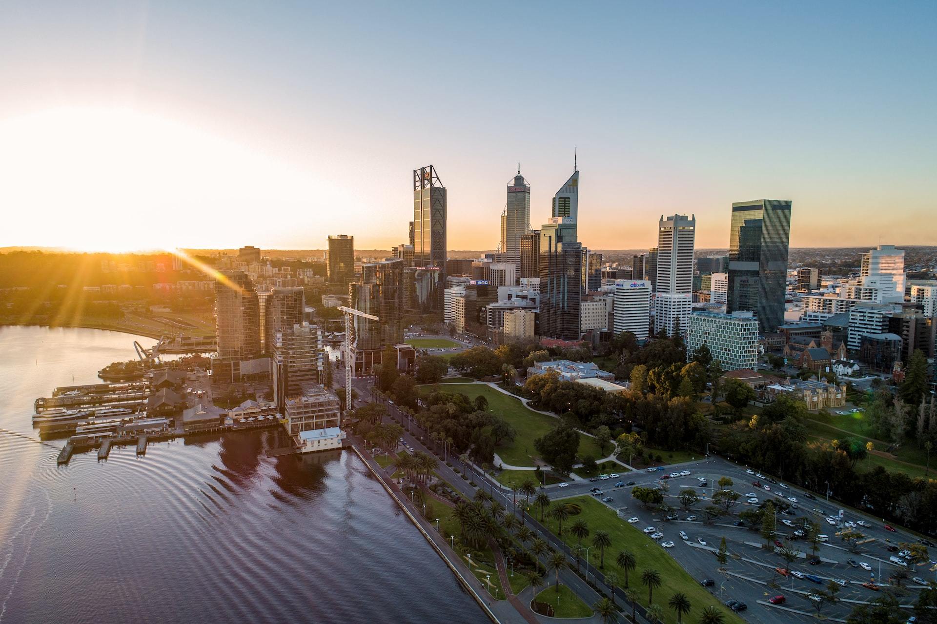 Golden hour over Perth's downtown skyline.
