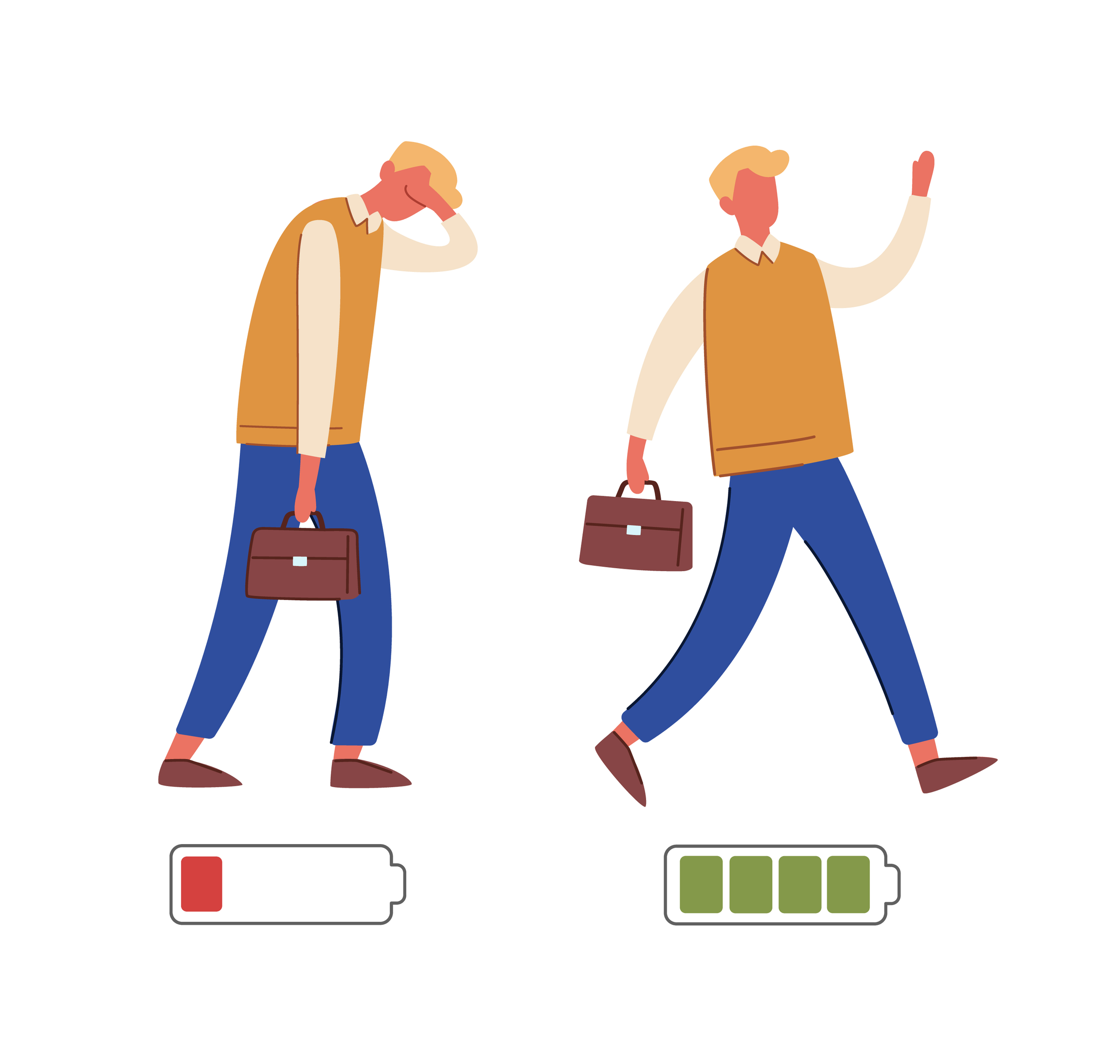 Energetic and exhausted workers vector illustrations set.
