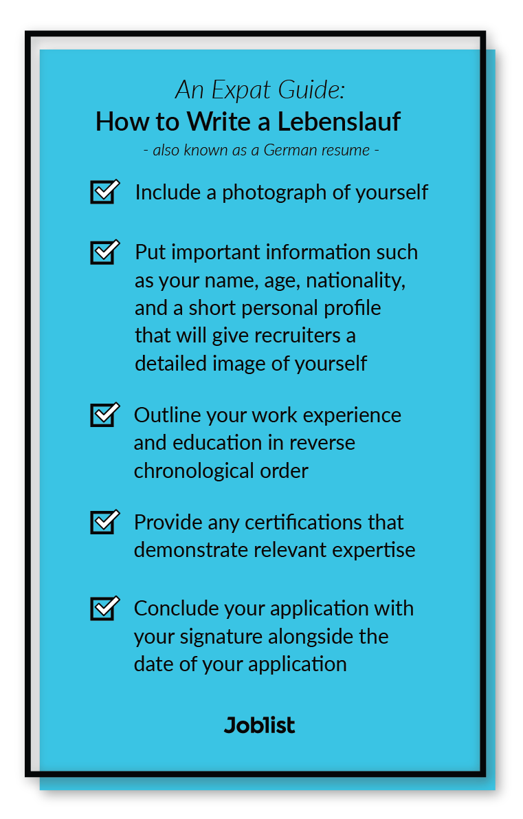 A checklist infographic explaining how to write a lebenslauf, or German for resume.